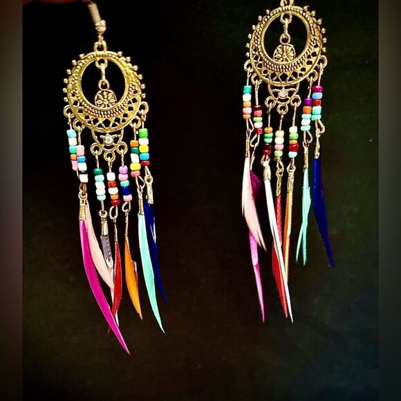 Bohemian Beaded Dangle Multi-color Feather Earrings in Gold - Picture 1 of 1